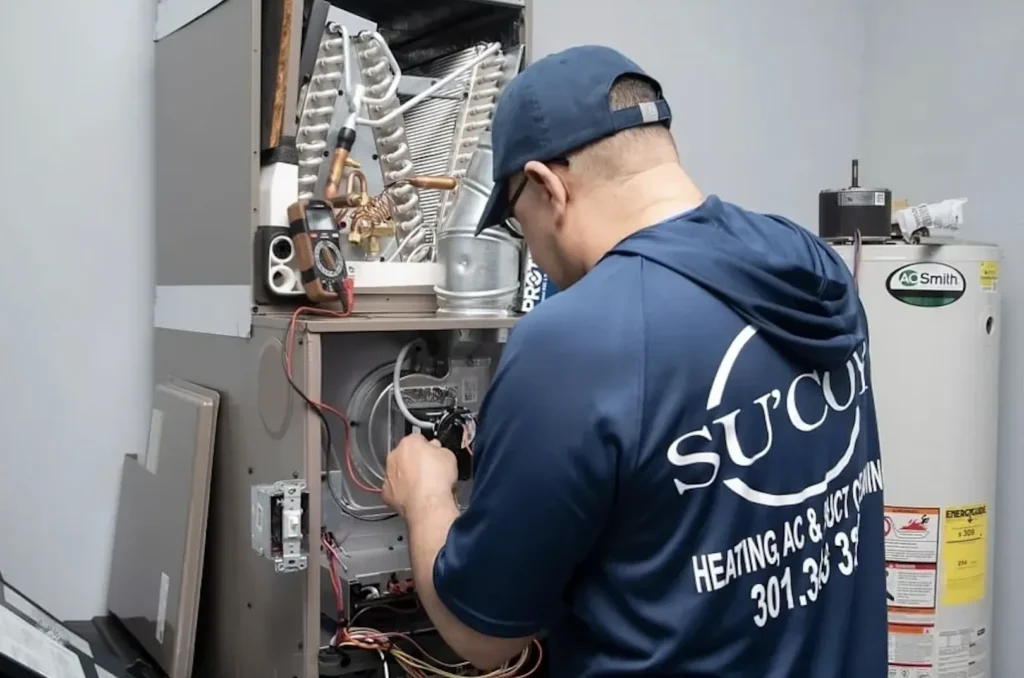 HVAC technician repairing a furnace. Man working on heating and cooling in the DMV. Furnace repair and maintenance services for homes and businesses.