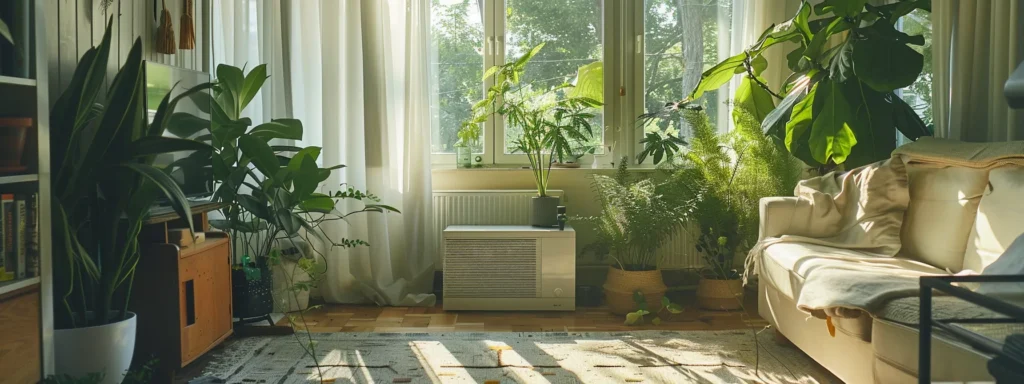 Sunlit living room with indoor plants, white sofa, and window air conditioner. Natural light floods the space, creating a serene indoor oasis in the DMV.