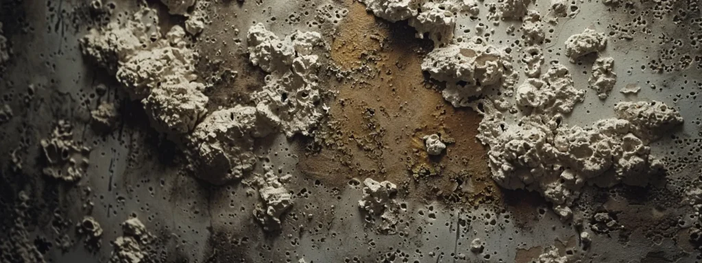 Close-up of damaged wall with peeling paint. Wall texture shows signs of water damage and mold. Professional mold remediation service in the DMV.