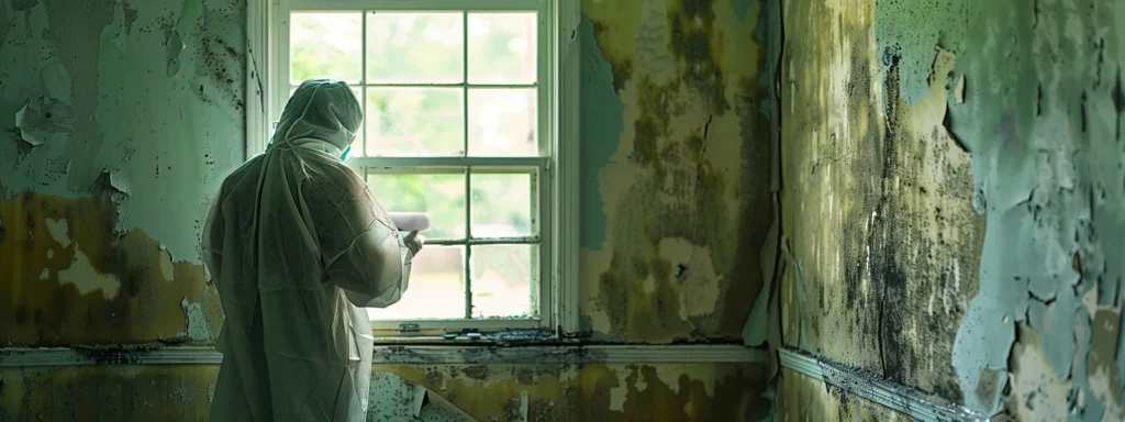 Mold remediation specialist in protective suit inspecting mold growth in a home in the DMV. Mold removal and cleanup services.