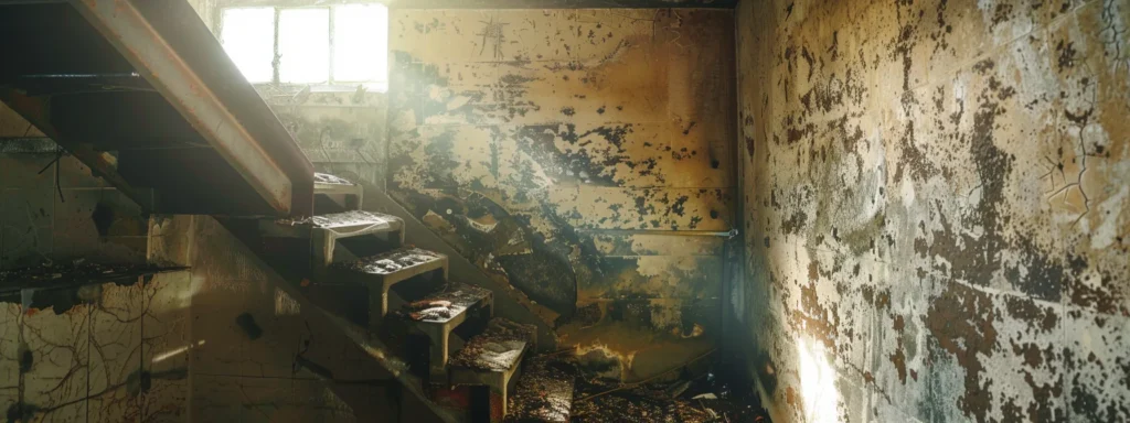Fire Damage Restoration: Interior view of a building damaged by fire, showing charred walls and debris-covered stairs. Professional cleanup needed.