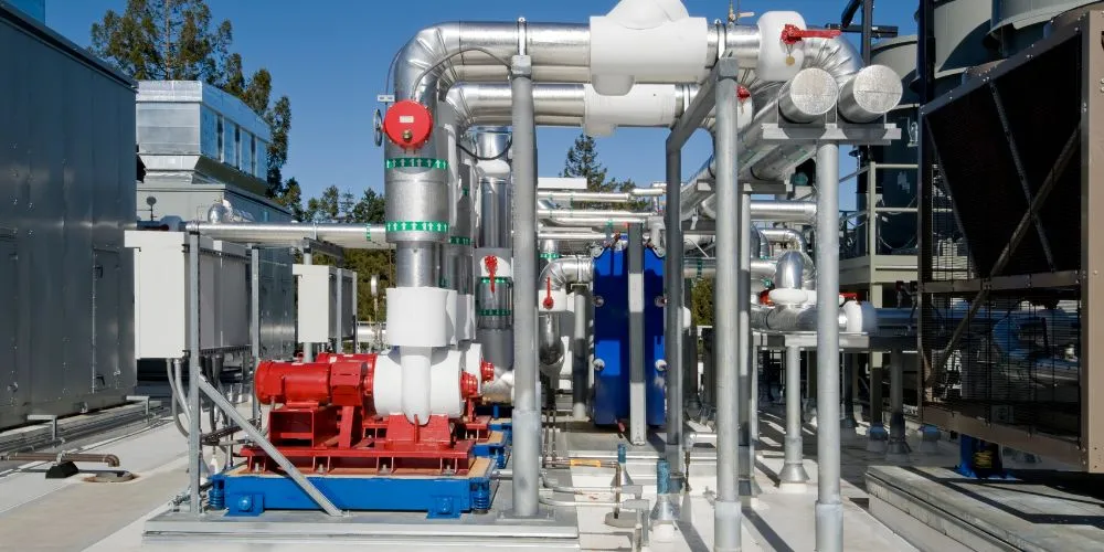 Commercial HVAC system with chiller and piping. Industrial cooling equipment on a rooftop. Commercial HVAC Services in the DMV.