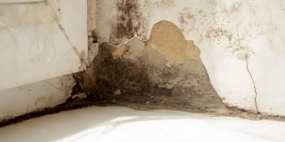 Mold remediation showing mold growth on a wall. Water damage has caused drywall to crumble. Mold removal is essential for healthy homes in the DMV.