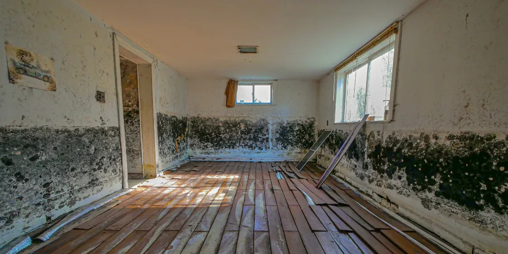 Mold remediation in a basement in the DMV. Black mold growth on walls and wood floor, indicating water damage and the need for mold removal.
