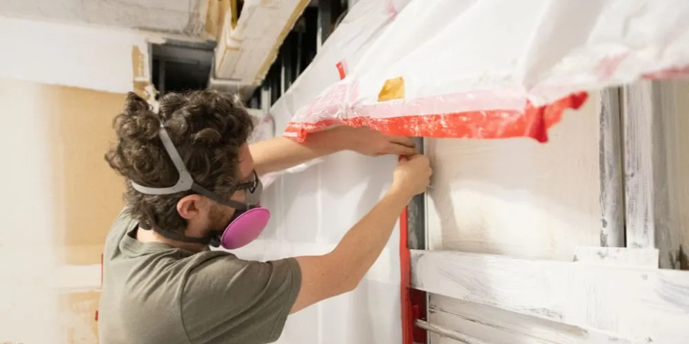 Asbestos removal process: Man wearing a respirator sealing off an area with plastic sheeting for asbestos abatement. Asbestos removal in the DMV area.