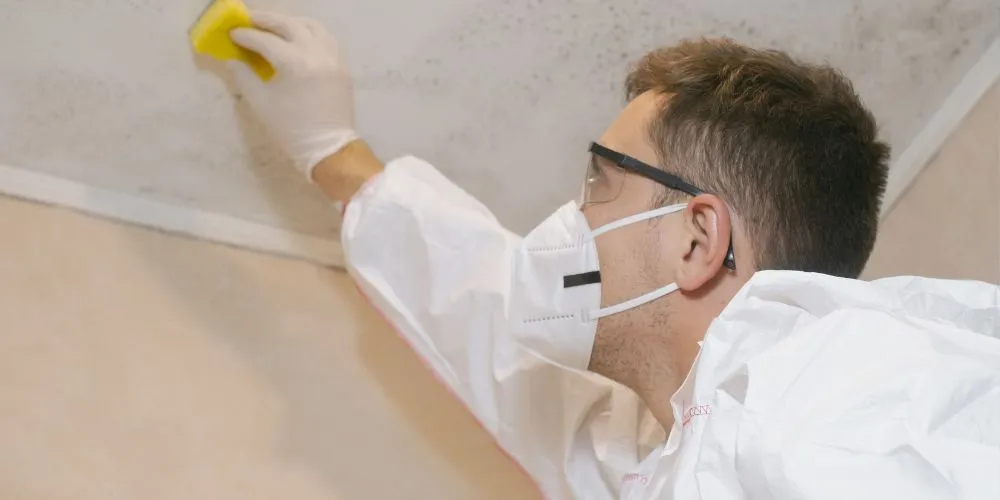 Mold Remediation: Man in protective suit cleans mold from ceiling with sponge. Mold removal service in DMV.