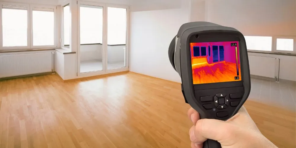 Thermal imaging camera detecting heat loss in a home. Energy audit being performed. Home inspection services in the DMV area for energy efficiency.