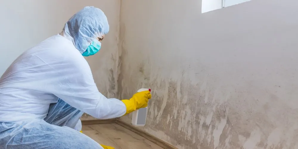 Mold remediation specialist spraying mold on a wall. Person in protective suit performing mold removal services. Mold inspection and cleanup.