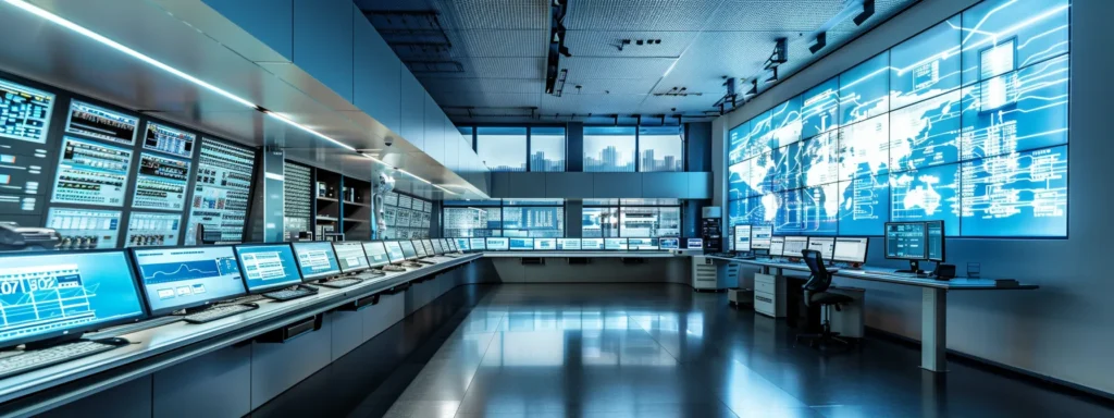 Cybersecurity monitoring room featuring multiple screens displaying data and a world map. Network security operations center in the DMV.