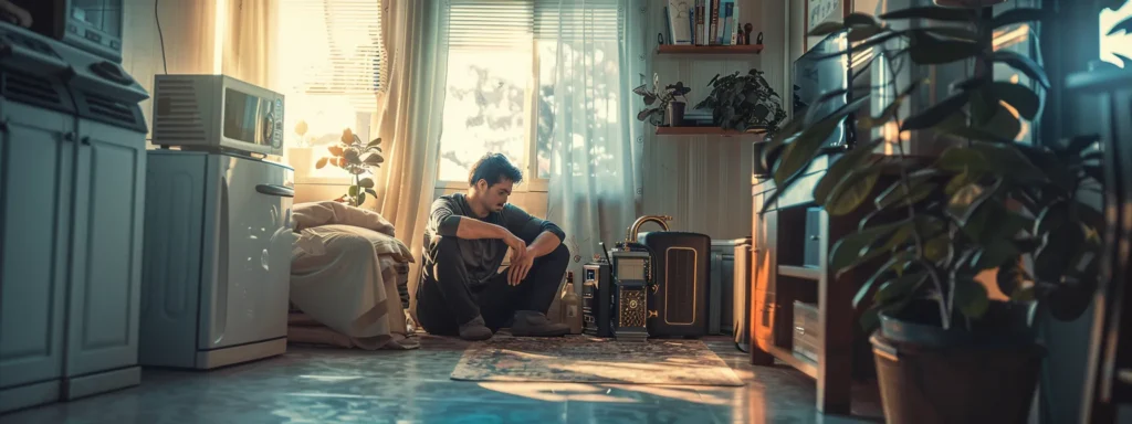 Man sitting on floor in apartment. Natural light from window. Bookshelf with plants. Interior design for small space. Minimalist living in DMV.