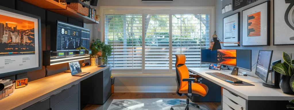 Modern home office setup with dual desks, multiple monitors, and an ergonomic orange chair. Window with blinds and wall art. DMV area.