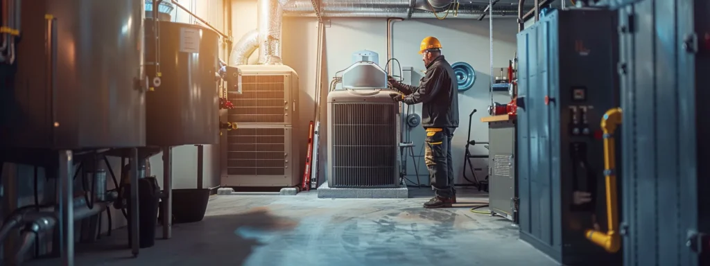 HVAC technician inspecting an air conditioning system. Commercial AC repair in the DMV area. Industrial cooling equipment maintenance and service.