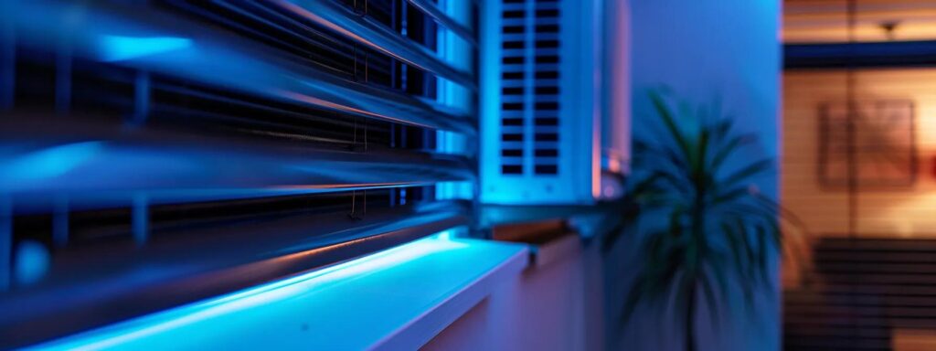 Window AC unit with blue light. Air conditioning service in the DMV area for home cooling. Indoor comfort with blinds and a plant.