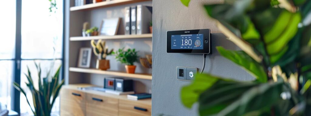Smart Home Energy Monitor showing energy usage in a modern room, with a bookshelf in the background. Energy Monitoring in the DMV area for efficient homes.