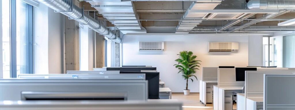 Empty office space with cubicles and air conditioning units. Commercial HVAC system in a modern office. Air conditioning installation in the DMV area.
