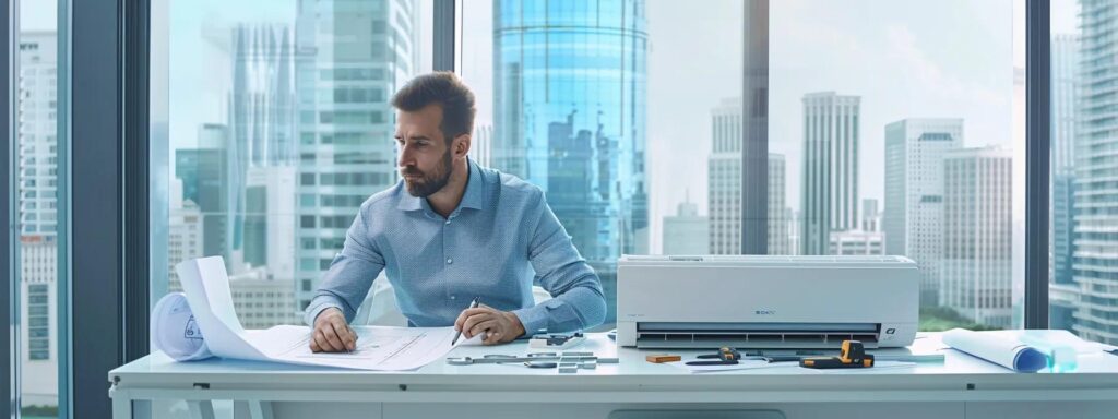 HVAC Engineer reviews AC installation plans near a modern air conditioner unit in an office with a city view. Air conditioning services.