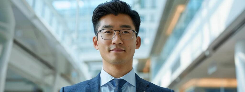 Professional headshot of an Asian man in a suit and tie, wearing glasses. He is standing in a modern office building. DMV business consultant.