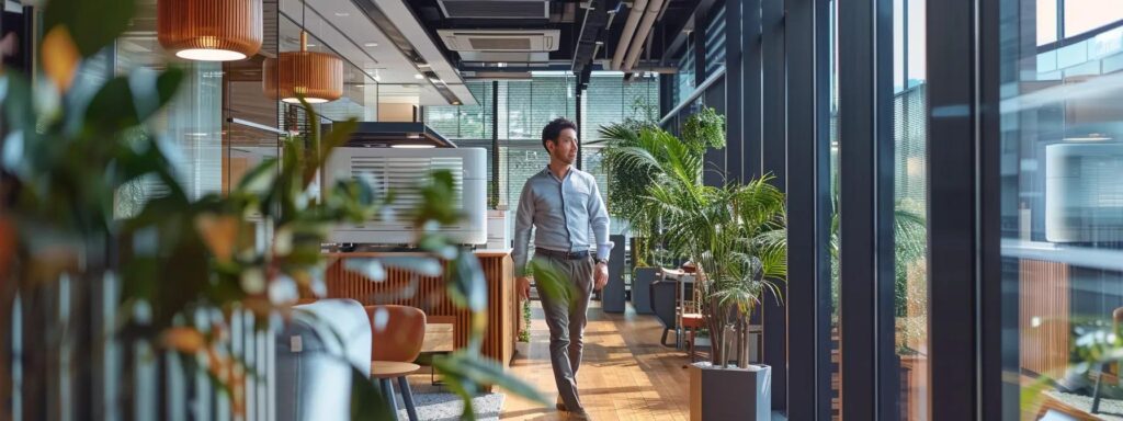 Office space planning: Man walks in a modern office with plants and natural light. Interior design promotes employee well-being and productivity.