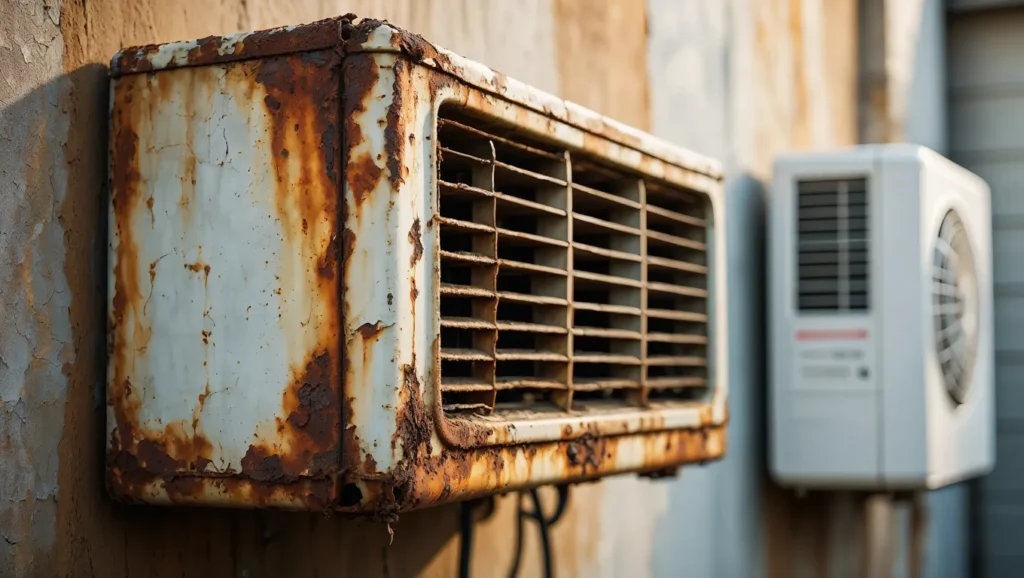 Rusting HVAC unit. Old, weathered air conditioning system on a building. HVAC maintenance is crucial for longevity. Air conditioning repair in the DMV.