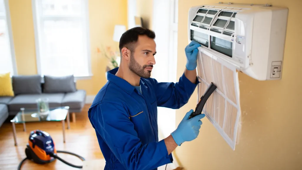 Air conditioning maintenance in DMV. HVAC technician cleaning AC filter with vacuum cleaner. Air conditioning repair ensures clean air and efficient cooling.