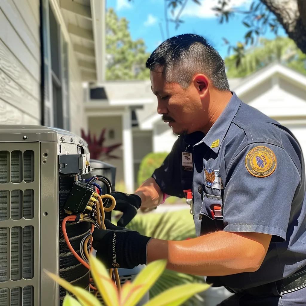 HVAC technician in the DMV performing AC repair. Man working on air conditioning unit, showing expert AC service and maintenance. Air conditioning.
