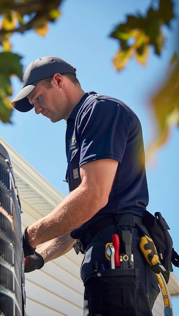 HVAC technician servicing an air conditioning unit. AC repair in the DMV by a professional. Maintenance for home cooling systems. Expert service.
