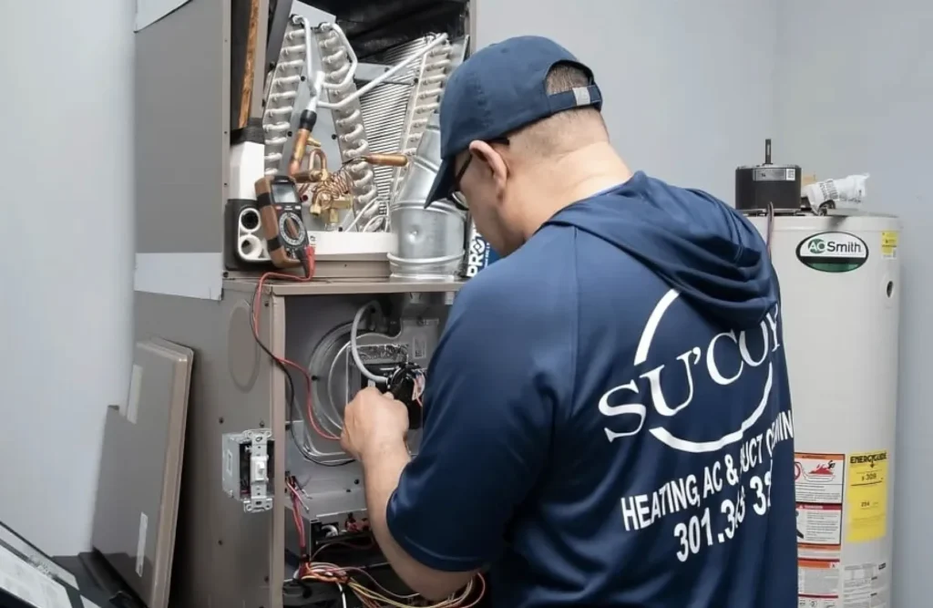 HVAC technician repairs furnace. Man inspects heating and cooling system. HVAC service in DMV. Furnace repair and maintenance by certified experts.