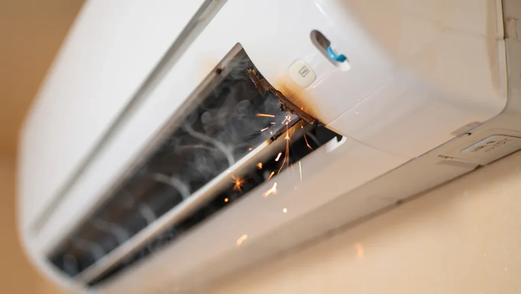 Damaged AC unit sparking and smoking. Call for air conditioning repair in the DMV area. Don't risk electrical fires; get your AC fixed today!