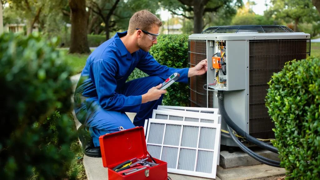HVAC technician in the DMV repairing an air conditioning unit outdoors. Red toolbox and filters are visible. AC repair service.