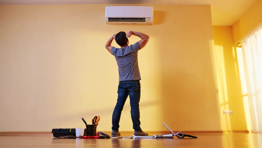 HVAC technician repairing an air conditioner. Man with tools fixing AC unit on a wall. Air conditioning repair services in the DMV area.