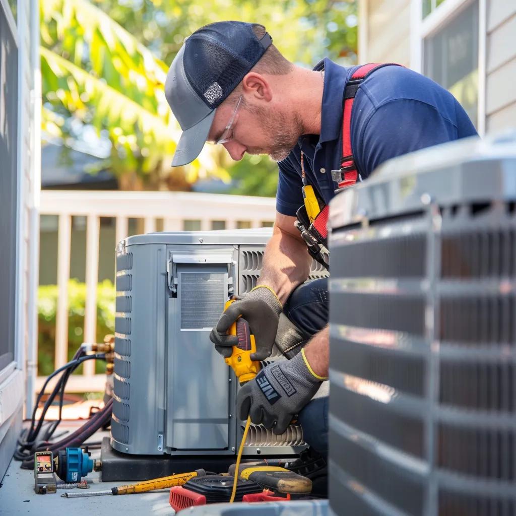 HVAC technician repairing an air conditioning unit. AC repair service in the DMV area, ensuring efficient cooling and heating systems. Expert maintenance.