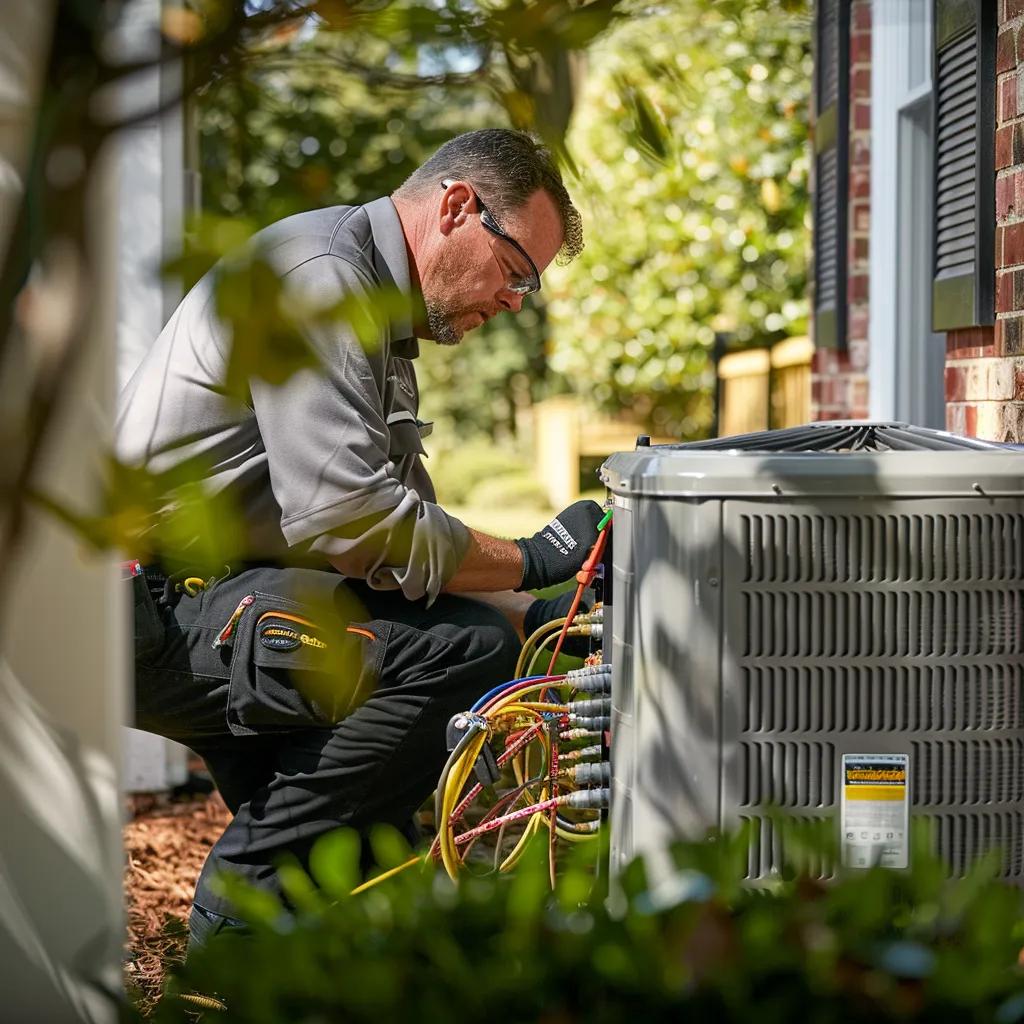 HVAC technician performing AC repair service on an air conditioning unit in a residential setting. Expert AC repair services in the DMV area.