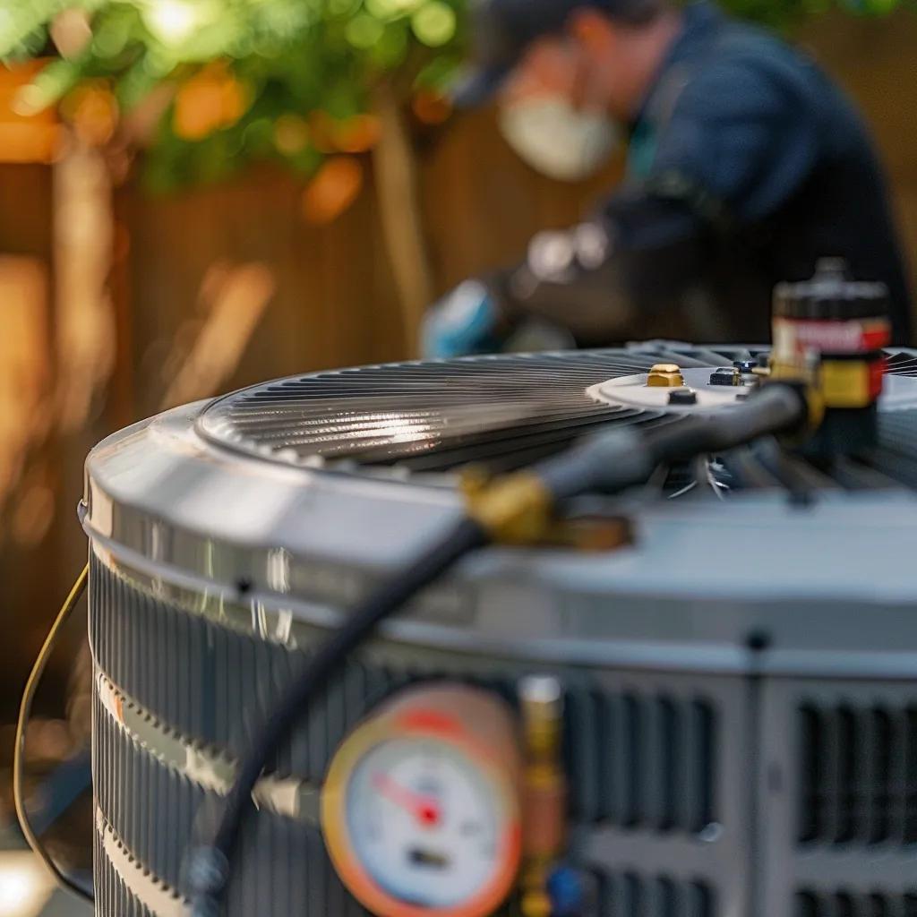 HVAC technician performing AC repair. Air conditioning unit with gauges during maintenance in the DMV. Reliable AC services for your home.