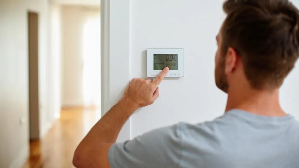 HVAC thermostat control. Man adjusts the temperature on a digital thermostat mounted on a white wall. Home climate control system in the DMV.