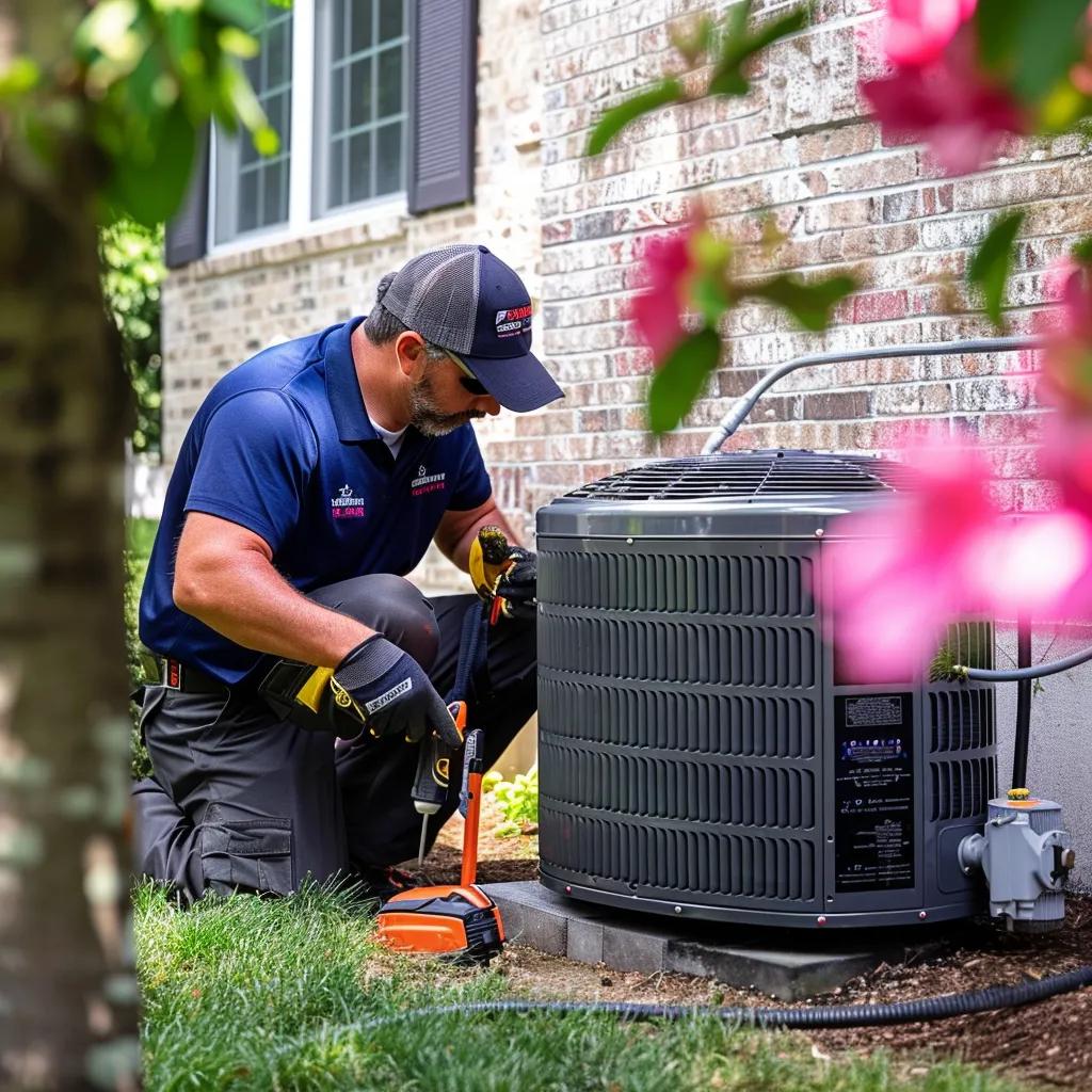 HVAC technician performing maintenance on an air conditioning unit outside a home, surrounded by greenery and flowers, emphasizing local AC service expertise in Hillcrest Heights and Temple Hills.
