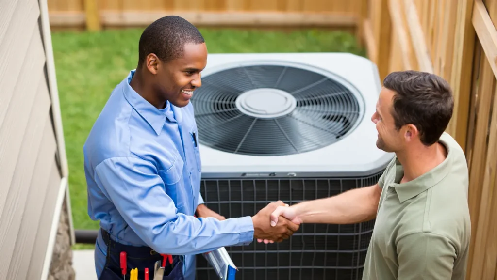 HVAC technician shaking hands with a happy customer in front of an AC unit. Air conditioning repair and maintenance in the DMV area.