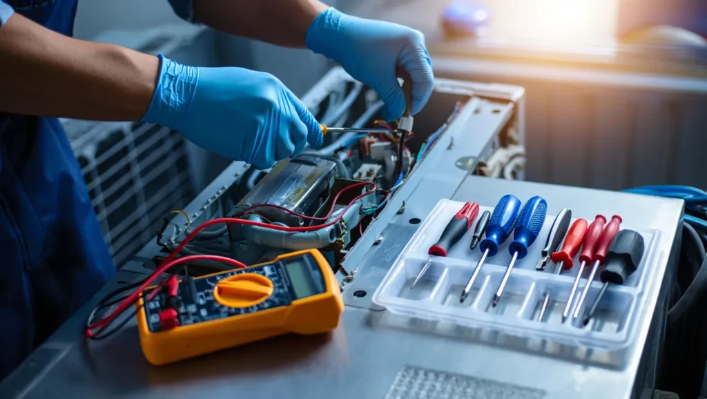 HVAC Repair: Technician repairs HVAC system with tools. Electrician working on air conditioning system. HVAC service in the DMV area.