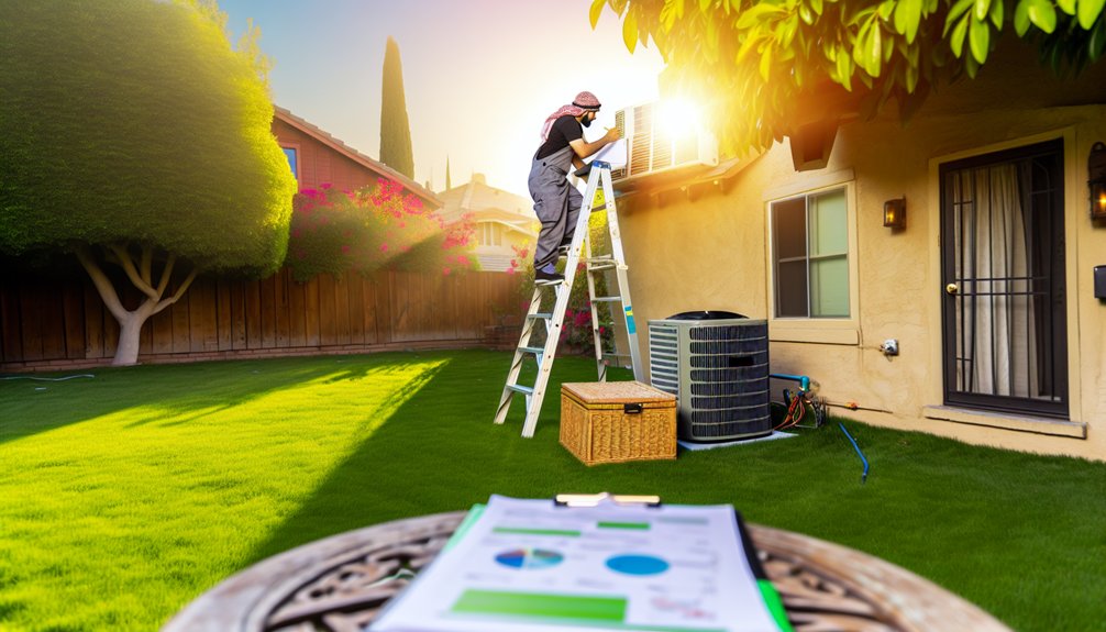 Technician on ladder for AC installation nearby, with clipboard showing costs. Affordable AC installation in the DMV.