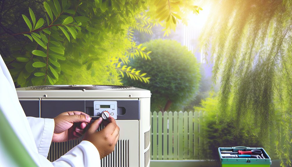 Technician adjusting heat pump settings in a garden setting, promoting HVAC maintenance for energy efficiency and cost savings.