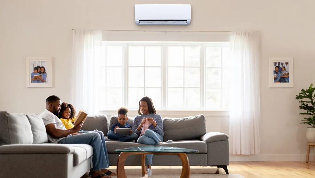 Family enjoys home comfort with AC unit. Father reads to daughter, son uses tablet, mother knits in the living room. Air conditioning in the DMV.