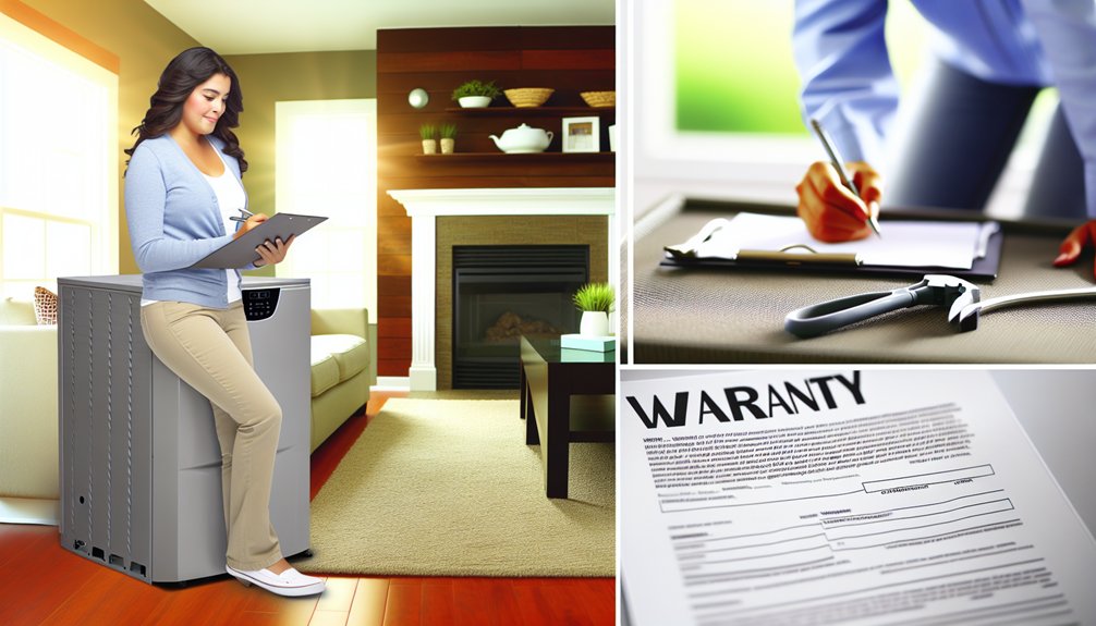 Woman reviewing furnace warranty benefits while seated on a furnace in a cozy living room, highlighting HVAC service and installation.