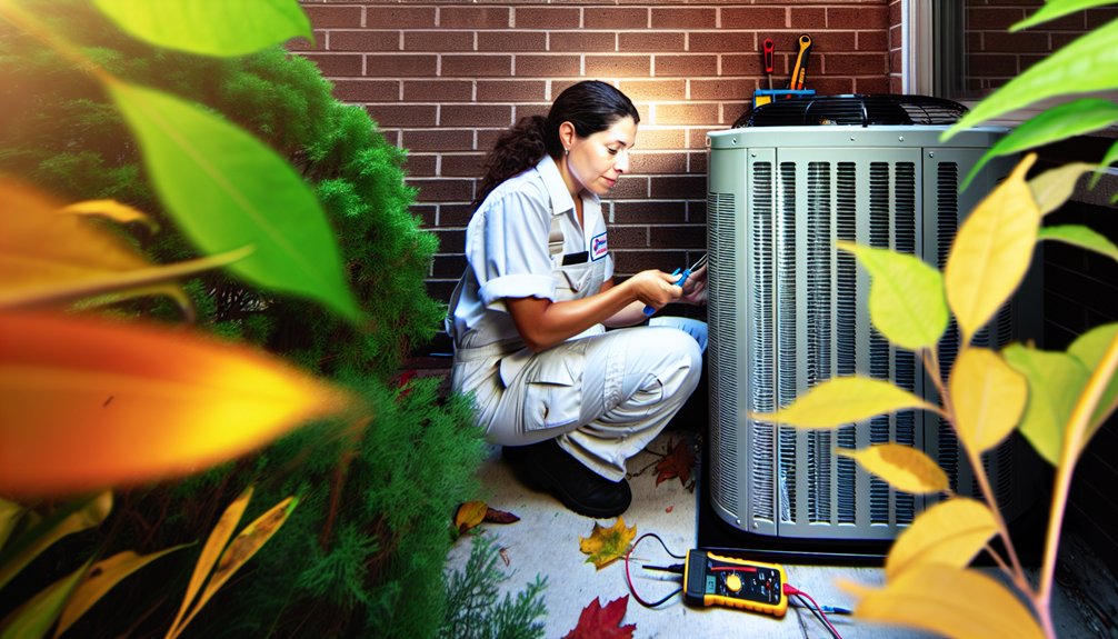 HVAC technician performing maintenance on a heat pump, surrounded by greenery and tools, emphasizing energy efficiency and professional HVAC services.