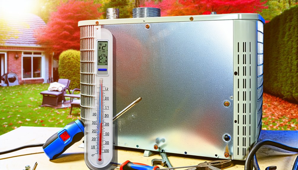 Heat pump with digital thermometer and tools, set in a backyard, emphasizing HVAC maintenance for energy efficiency.