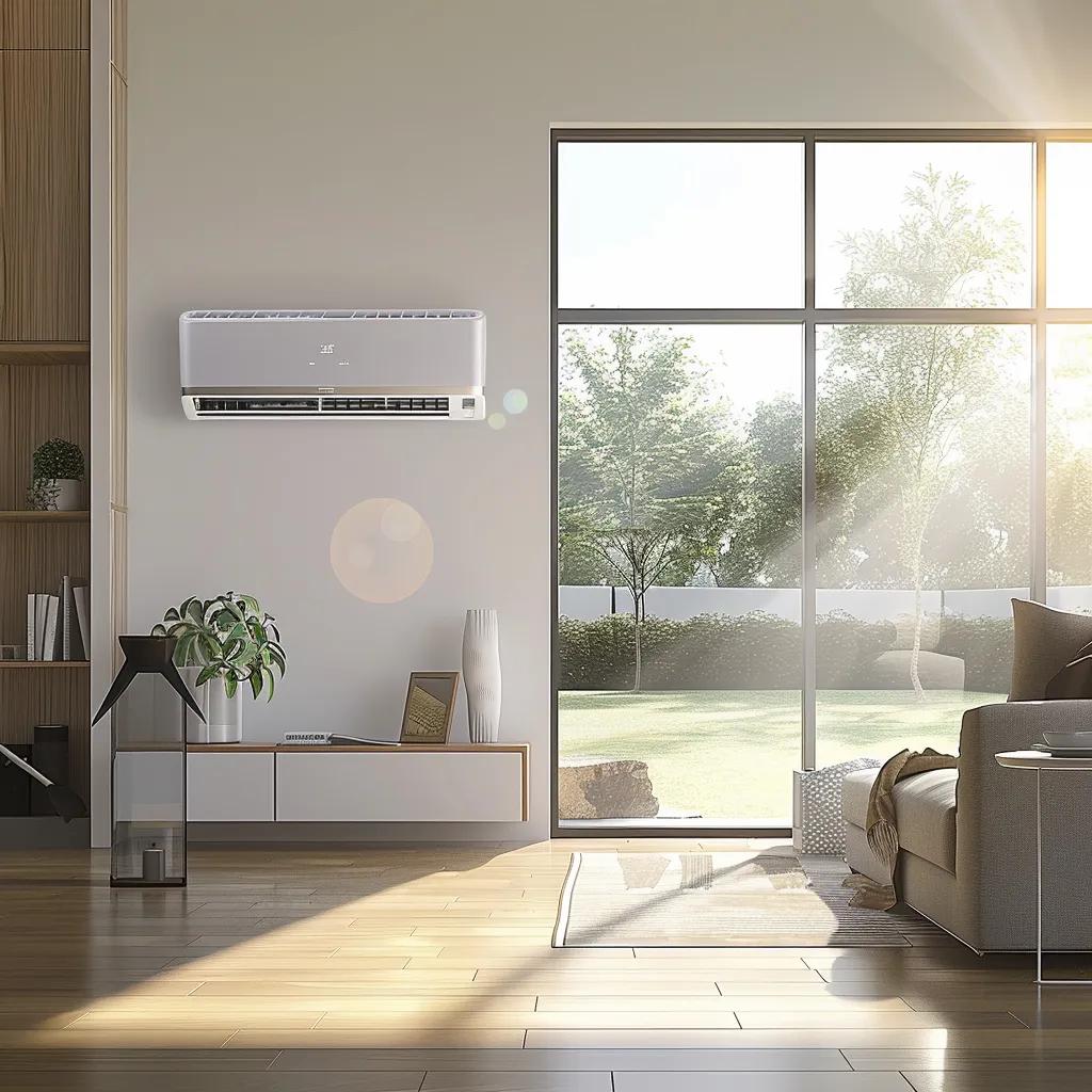 Living room with a modern air conditioner. Wall-mounted AC unit in a bright, minimalist interior with large windows. Energy-efficient cooling solution.