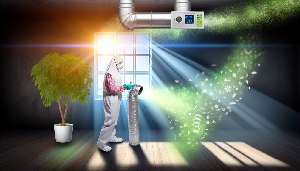 Professional duct cleaning improves indoor air quality; technician in protective suit, air duct with green particles, benefits of regular cleaning.