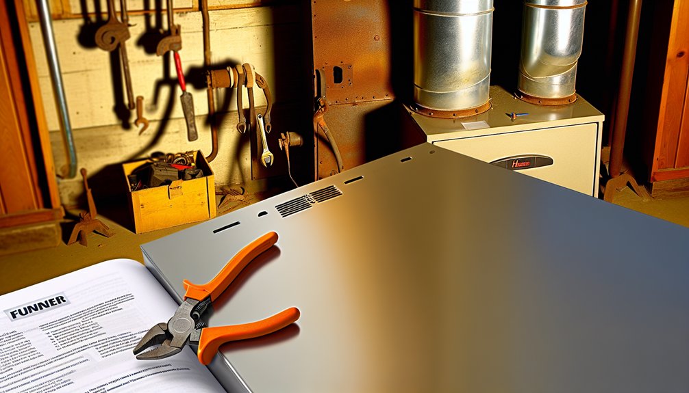 Tools and furnace in a workshop setting, featuring pliers on a metal surface, emphasizing HVAC installation and maintenance.