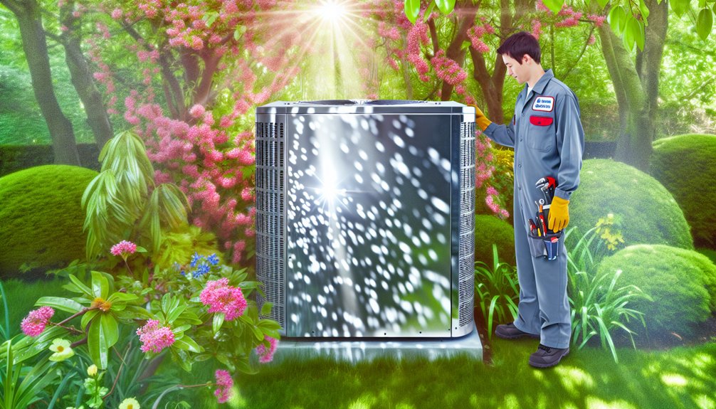 HVAC repair in DC: Technician inspecting an AC unit in a garden setting. Su'Coy offers reliable HVAC services in the DMV area.