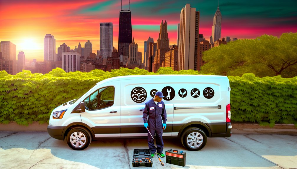 HVAC repair services in DMV: Technician with van and tools ready for AC or heating repair, with city skyline in the background.
