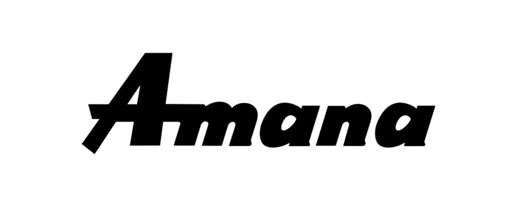 Amana logo in black on a muted blue background. Amana, a trusted brand in home appliances, stands for quality and innovation. DMV