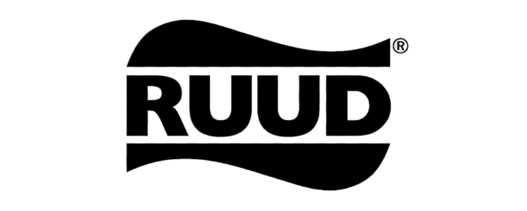 Black Ruud logo on a gray background, representing Ruud HVAC systems and services for residential and commercial climate control solutions.